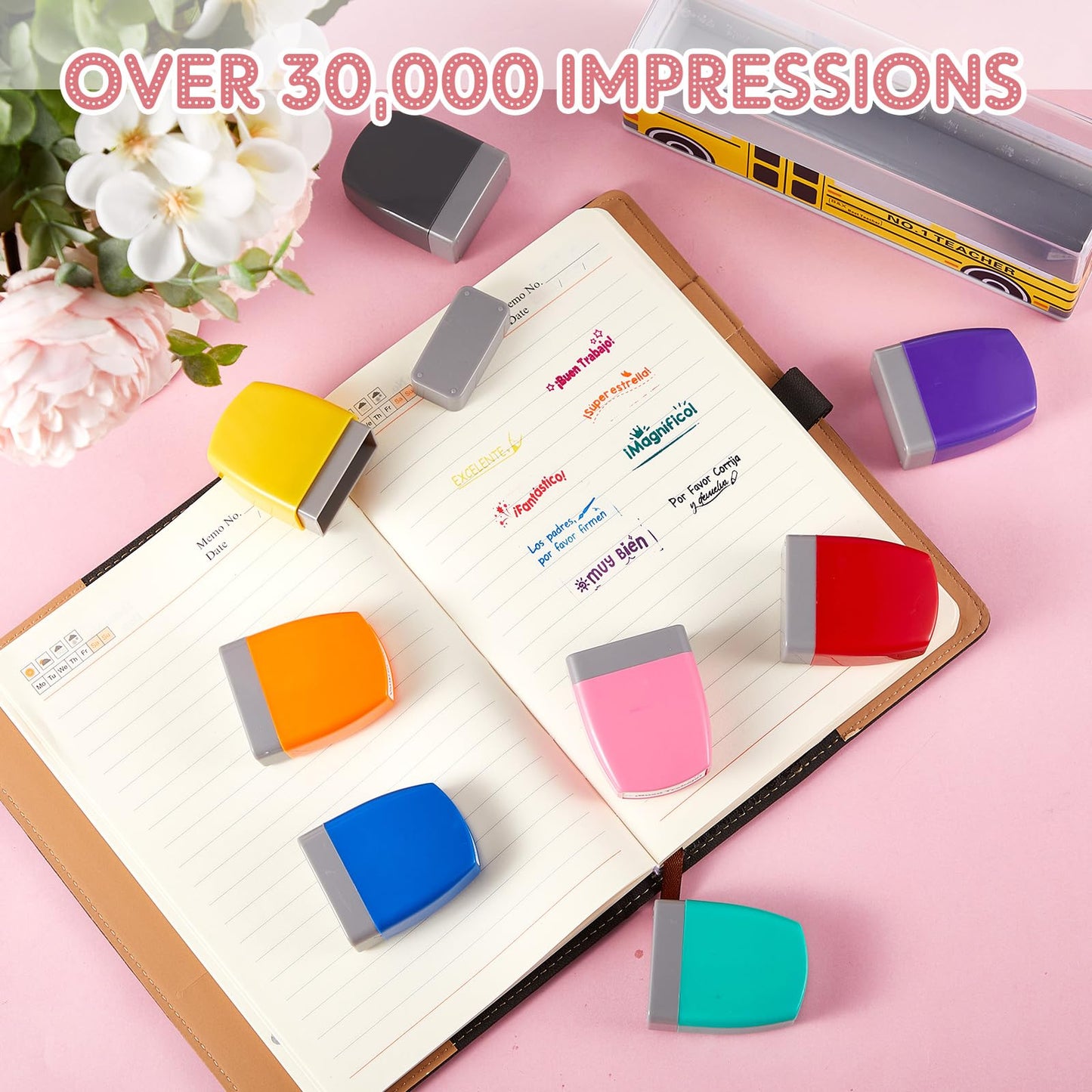 Qilery 8 Pcs Teacher Stamp Spanish Grading Gifts Rubber Self Inking Motivation for School Spanish Classroom Grading Stamp Kids S