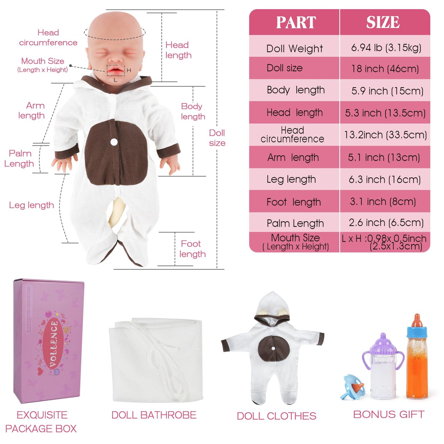 Vollence 18 Inch Eye Closed Full Silicone Baby Doll,Not Vinyl Dolls,Sleeping Lifelike Reborn Baby Doll,Realistic Newborn Real Baby Doll - Girl