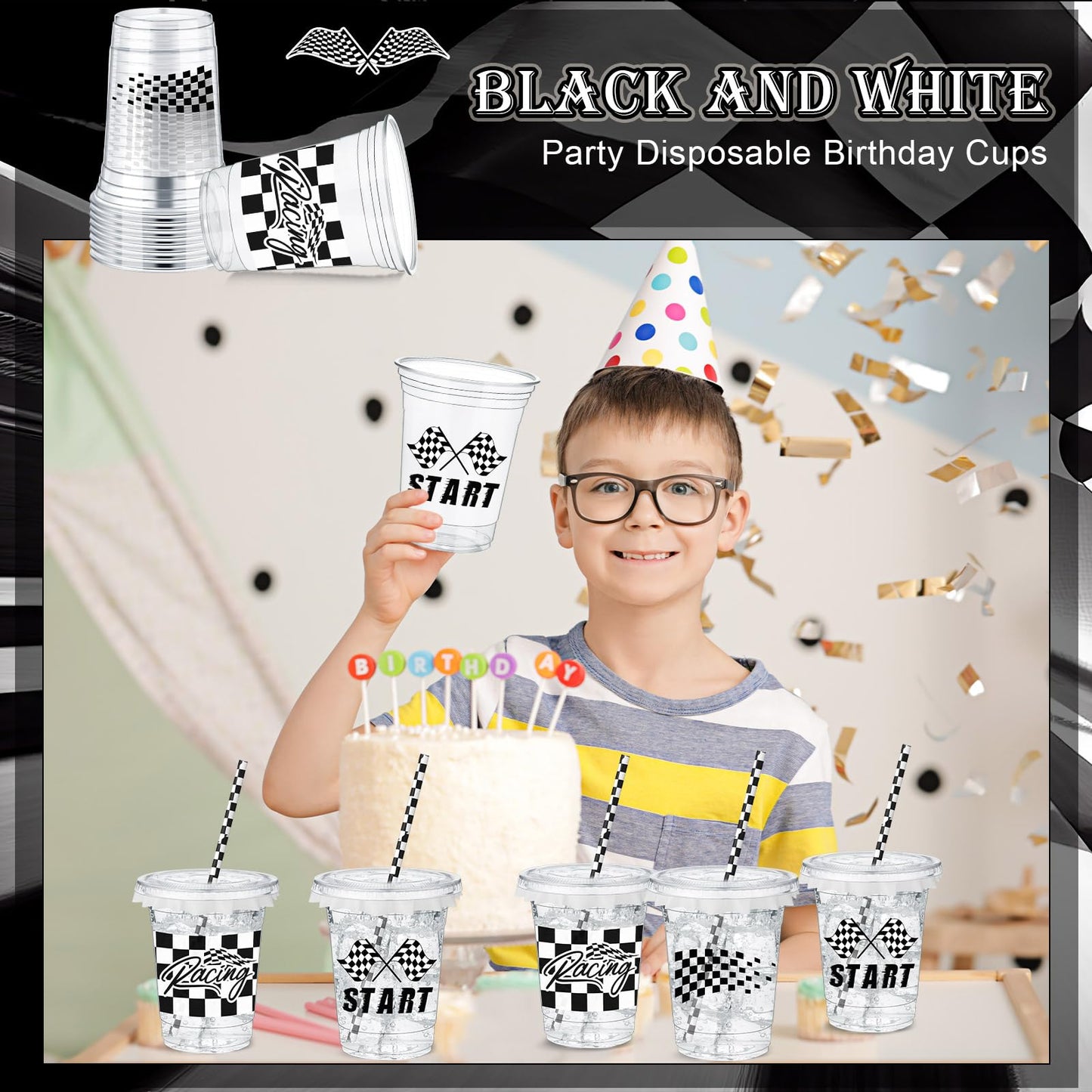 Foldtier 50 Pcs Plastic Cups For Kids 12 Oz Disposable Cups With Straws And Lids Clear Cup Birthday Party Supplies For Kids Birt