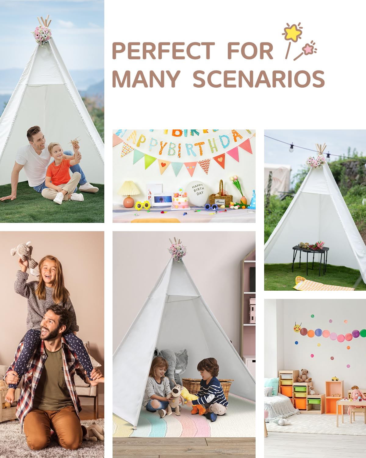 86'' H Larger Teepee Play, Huge Foldable Indoor With Star Light, Large Tall Outdoor Canvas for Adults, 5 Sides Wide Open Front W