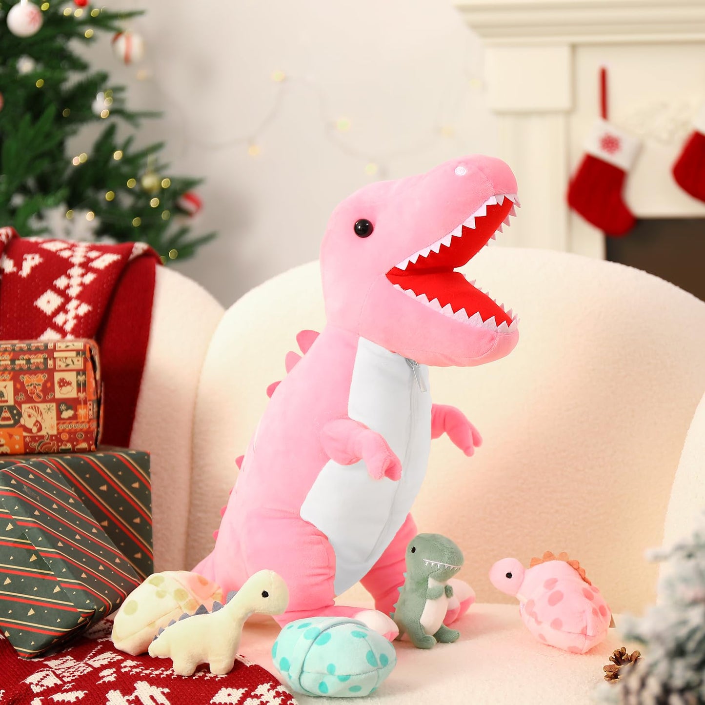 Morismos Dinosaur Stuffed Animal With Babies,23.6'' Big Mommy Stuffed Dinosaur With 3 Baby Dinosaur Stuffed Toys & 3 Eggs Plush Inside Belly, Boy Girl Dinosaur Toys For Kids 3-5, Pink T-Rex Toy