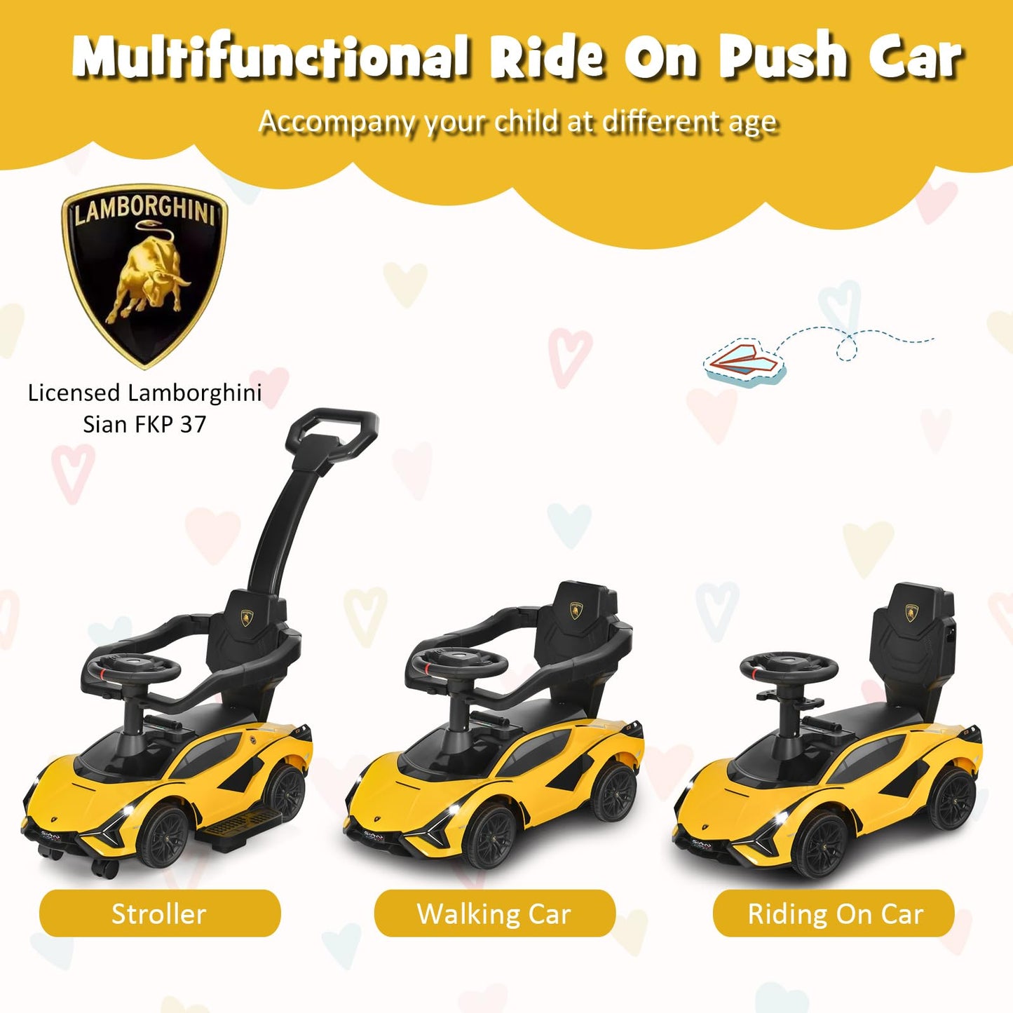 Infans 3 In 1 Ride On Push Car, Licensed Lamborghini Baby Stroller Sliding Walking With Parent Control Handle, Music, Headlight, Under Seat Storage, Kids Foot-To-Floor Toy For 18-60 Months (Yellow)