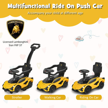 INFANS 3 in 1 Ride on Push Car, Licensed Lamborghini, Yellow, Model QLS-996, Music, Headlight, Under Seat Storage for Kids 18-60 Months