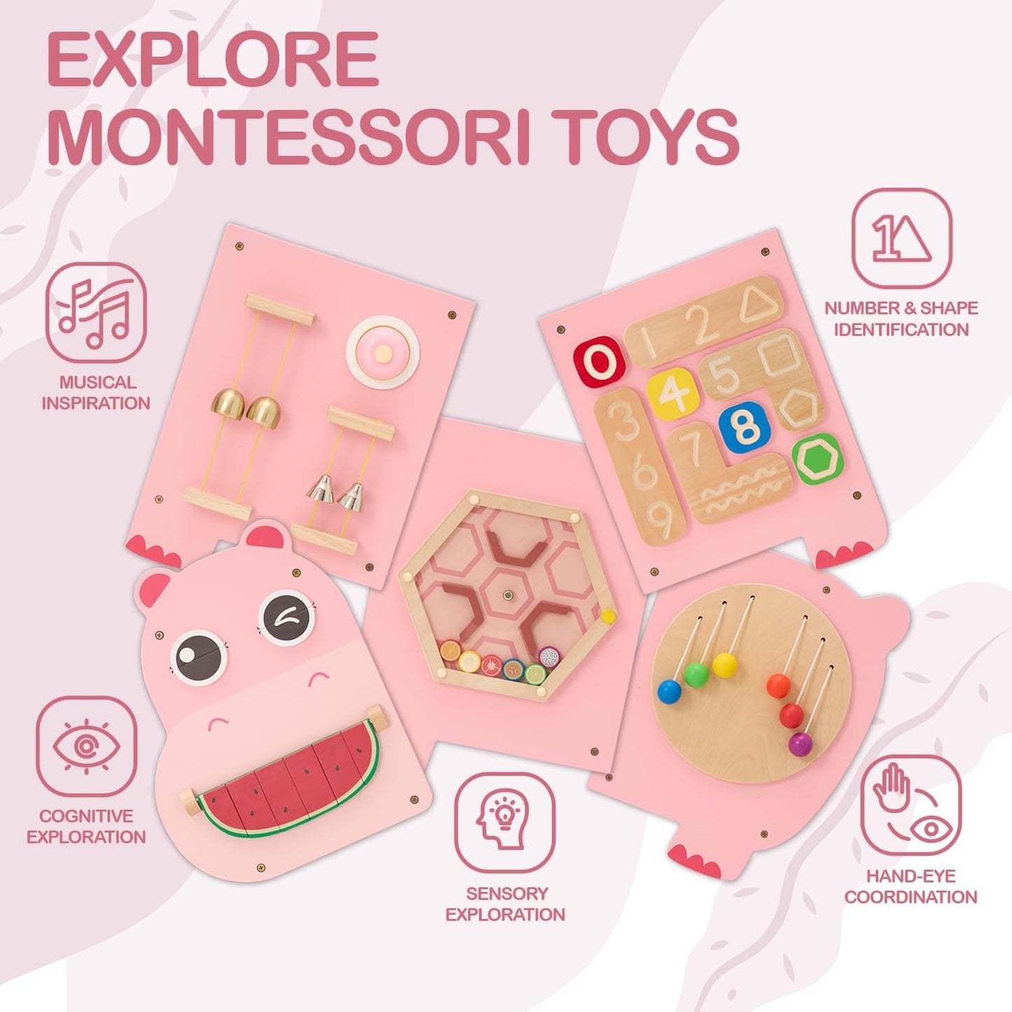Monlurd Hippo Montessori Educational Activity Cube, Sensory Wall Toys For Daycare And Playroom Furniture, Interactive Wooden Lea