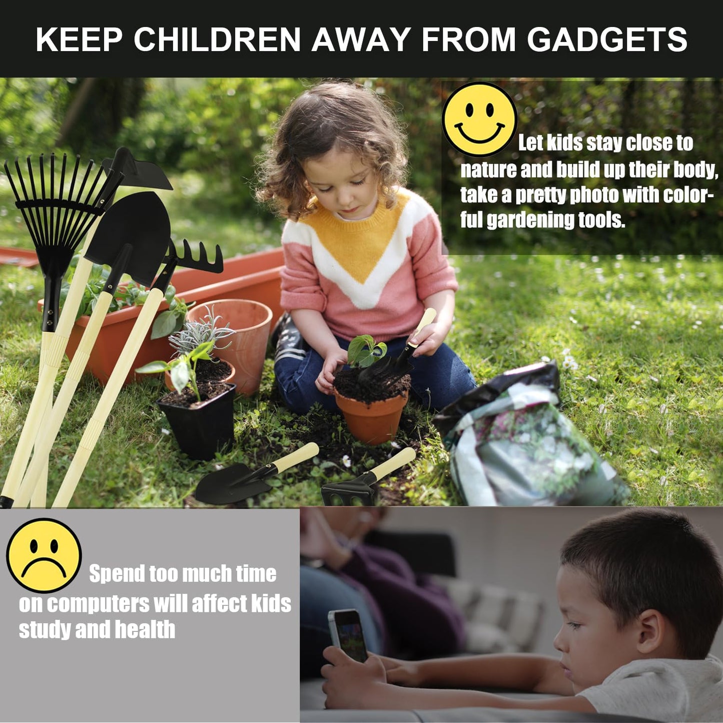 Pomiku Kids Garden Tools, Rake And Shovel Set, 7 Pieces Gardening Tools For Yard, Beach, Camping Play, Outside Toys For Kids Age