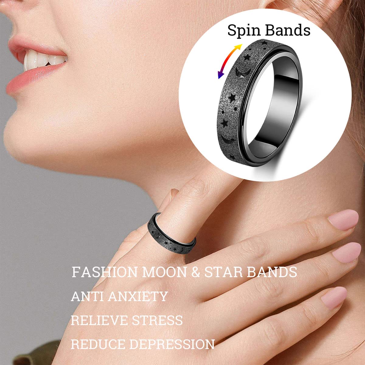 Mhwtty Anxiety Ring For Women Fidget Ring Stainless Steel Spinner Rings Fidget Band Rings Gift For Women Men Black Size 8