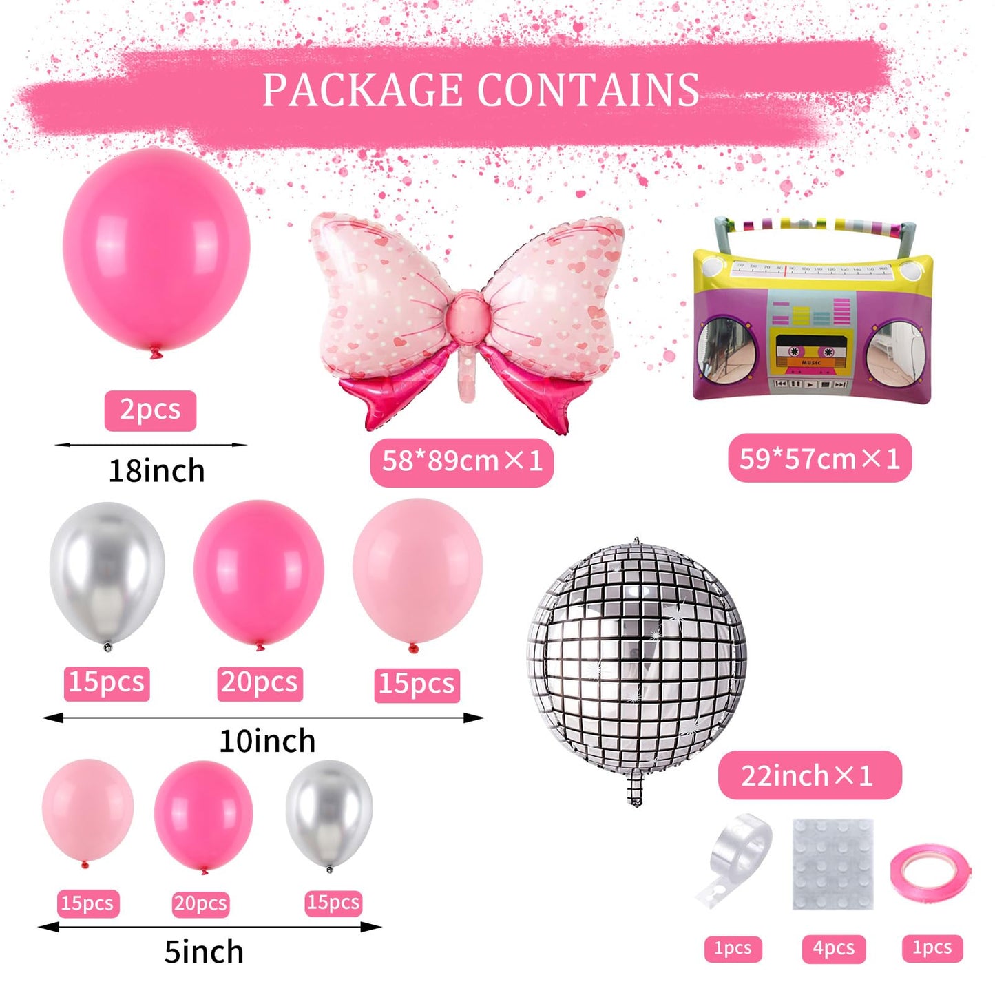 Pink Balloon Garland Arch Kit, Hot Pink Silver Balloon Arch With Disco And Bow Foil Balloon For Theme Party Girl Birthday Party Baby Shower Princess Decorations