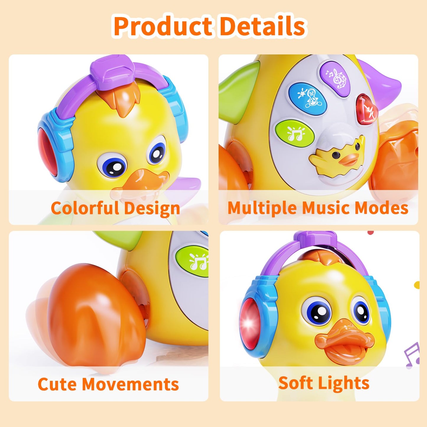 Wanonoo Dancing Duck Baby Toy for 6-12 Months, Musical Crawling Tummy Time Activity, Light Up Learning Gift for Boys and Girls