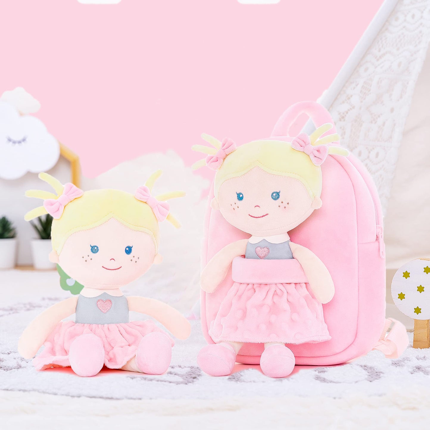 Onetoo Toddler Backpack Kids Backpacks With Soft Light Baby Dolls In Pink Polka Dots Dress 9.5'