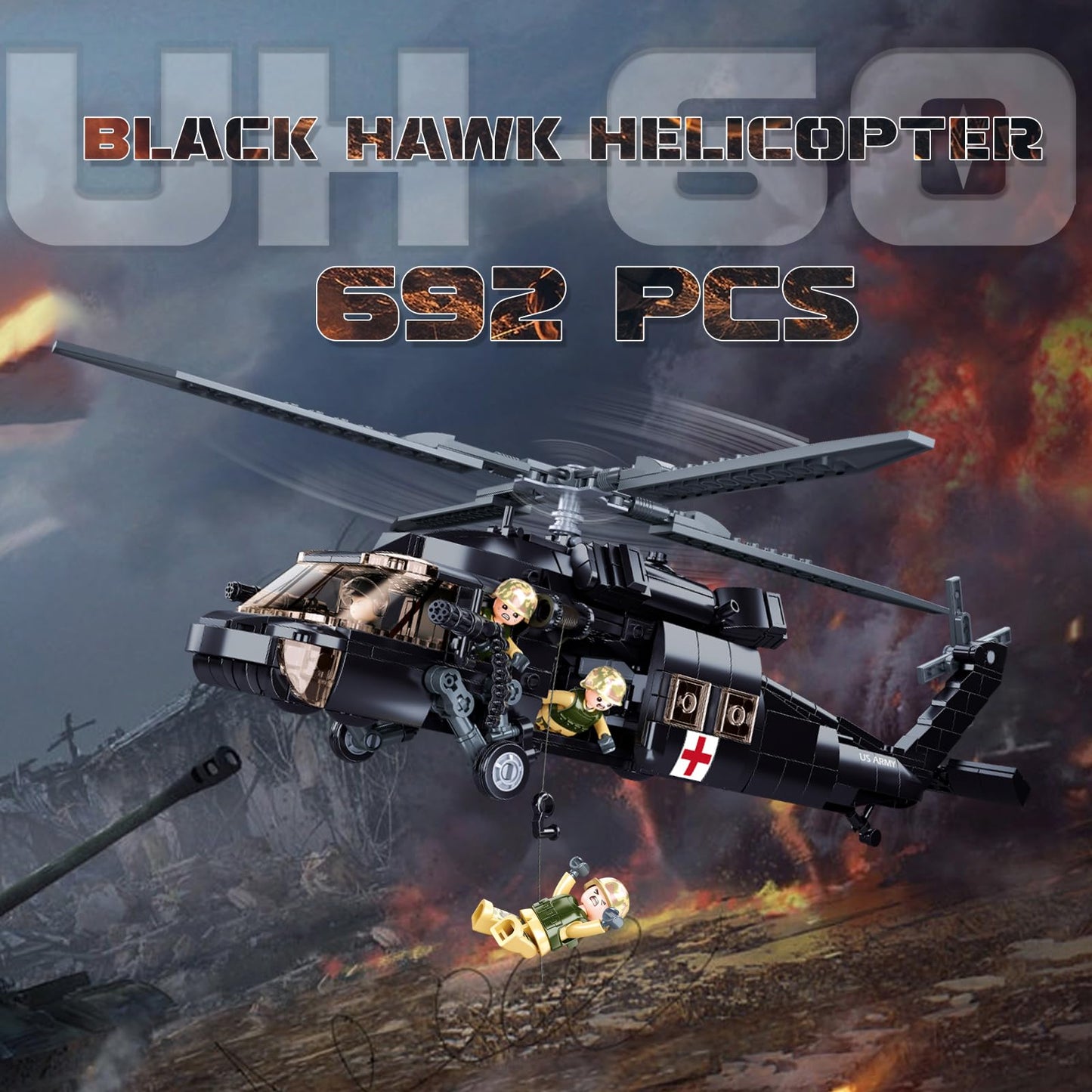 Uh-60 Black Hawk Helicopter Military Set, Army Airplane Building Bricks, Rescue Helicopter Model Kits With 4 Soldier Minifigures, Gifts For 6-12 Year Old Kids, Compatible With Lego, 692 Pcs