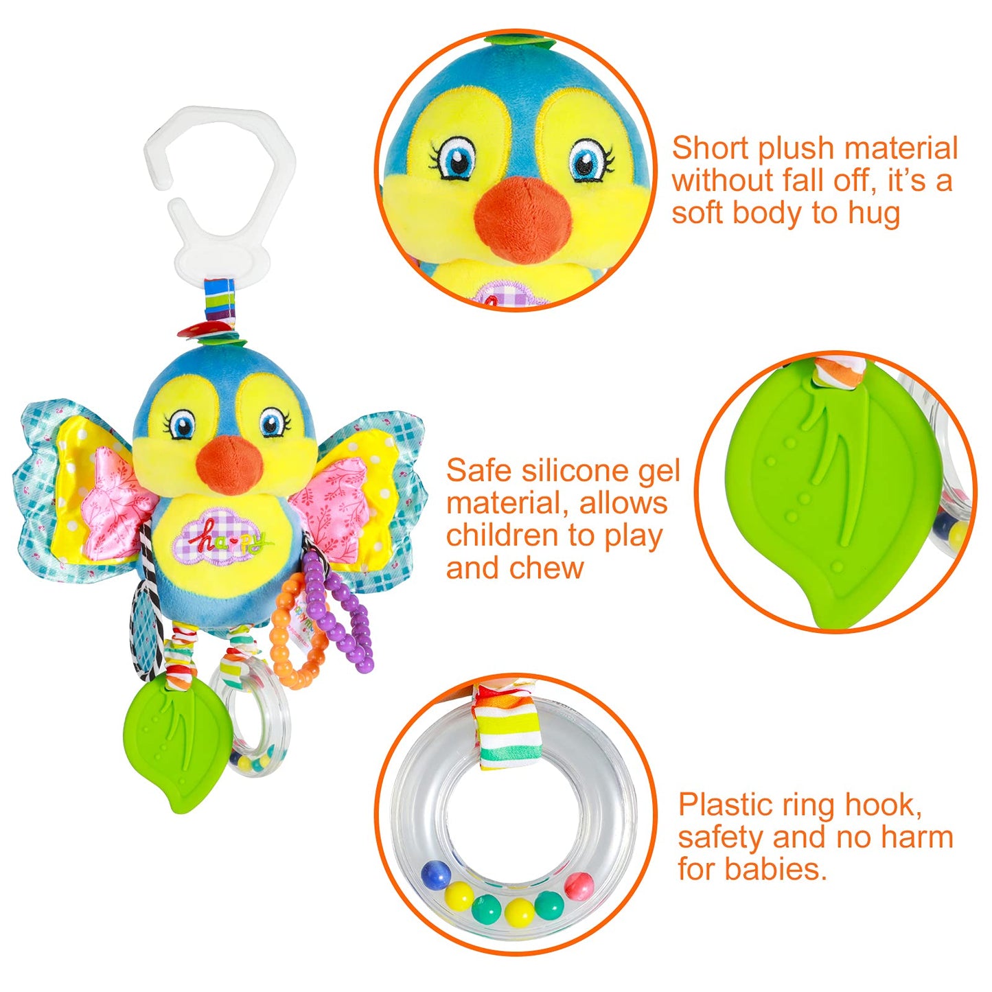 Funsland Baby Stroller Toy - Soft Plush Infant Rattle with Teether, Medium, Birdie Color, Model crwj, Suitable for 3-12 Months Boys & Girls