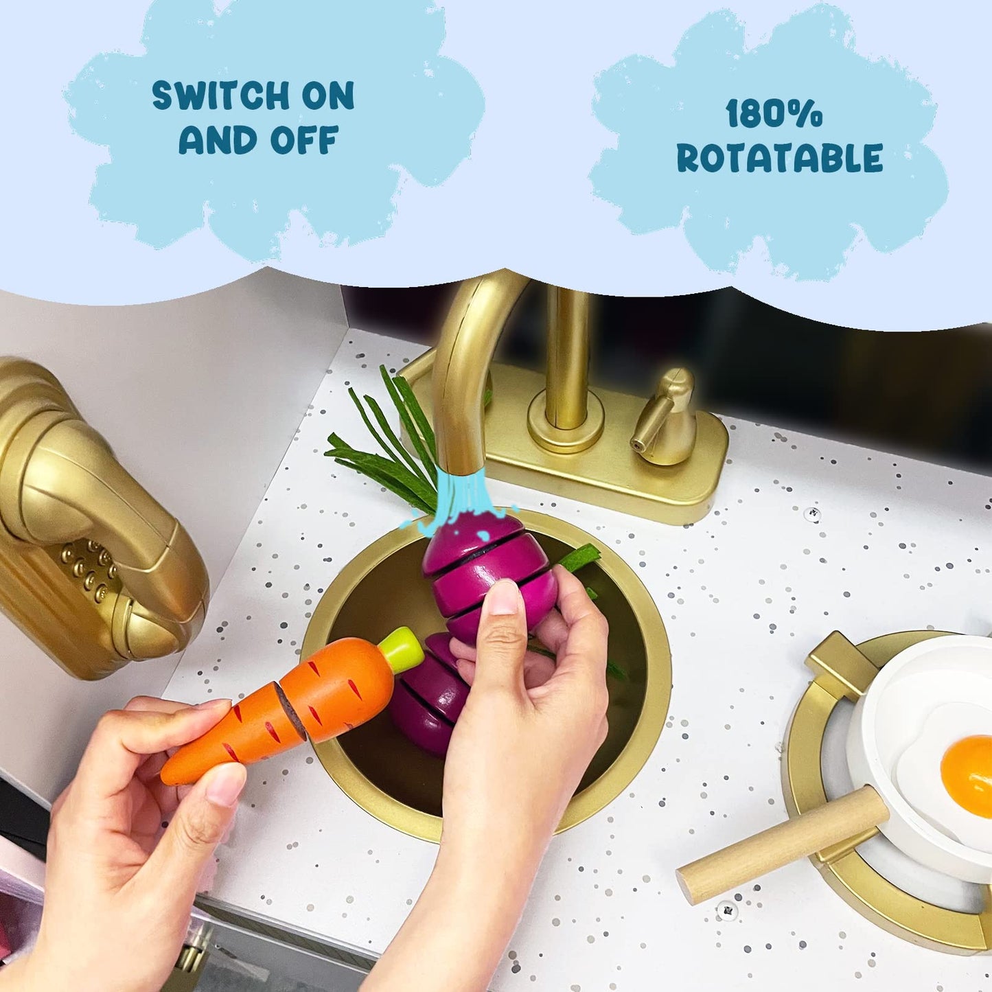 WoodenEdu Kitchen Playset for Kids Ages 3-8, Wooden Pretend Play Kitchen with Realistic Sounds, Including Telephone, Ice Maker,