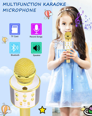 Dodosky Gifts For 4 5 6 7 8 9 10 11 12 Year Old Girls, Handheld Karaoke Microphone For Kids Fun Toys For 4-13 Year Old Girls Birthday Gifts For 5-13 Year Old Girls Boys Teens - Gold
