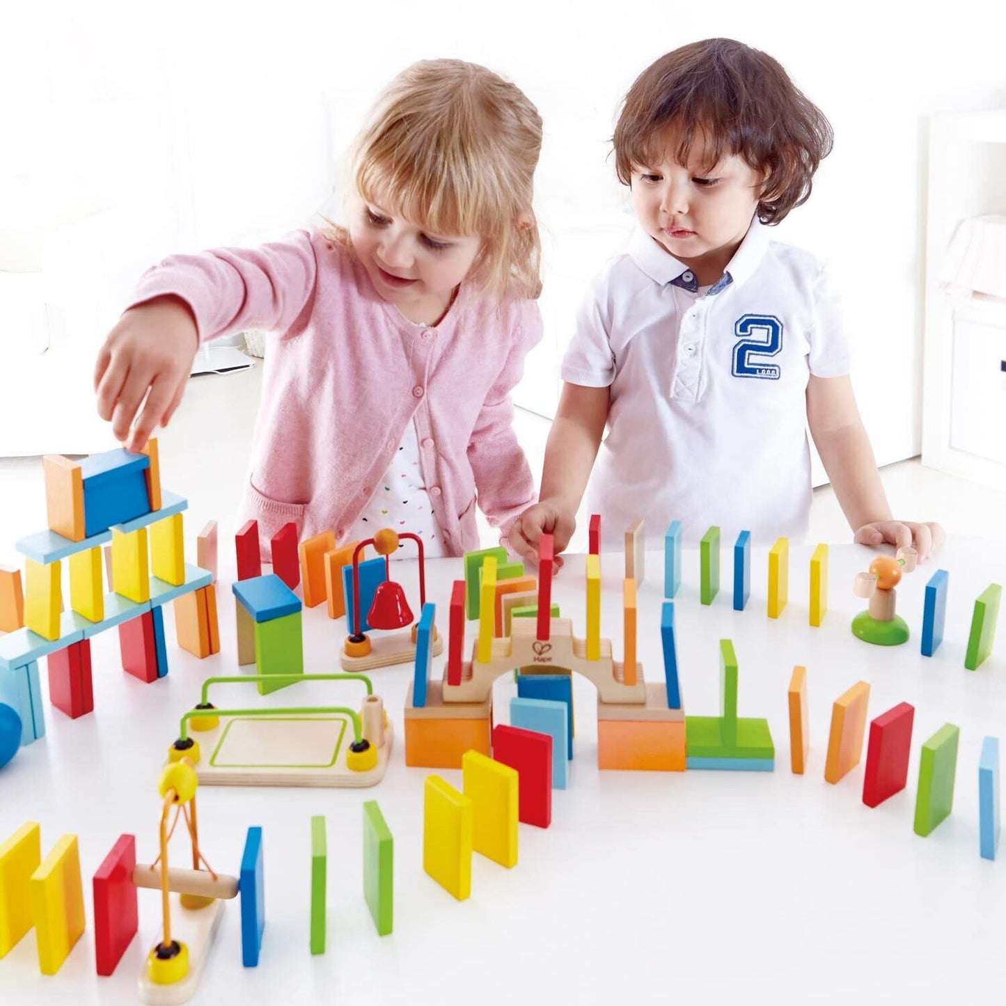 Hape Dynamo Wooden Domino Set Award Winning Domino Racing Building Block Set For Kids, 107 Solid Pieces Of Fun Filled Racing, Bu