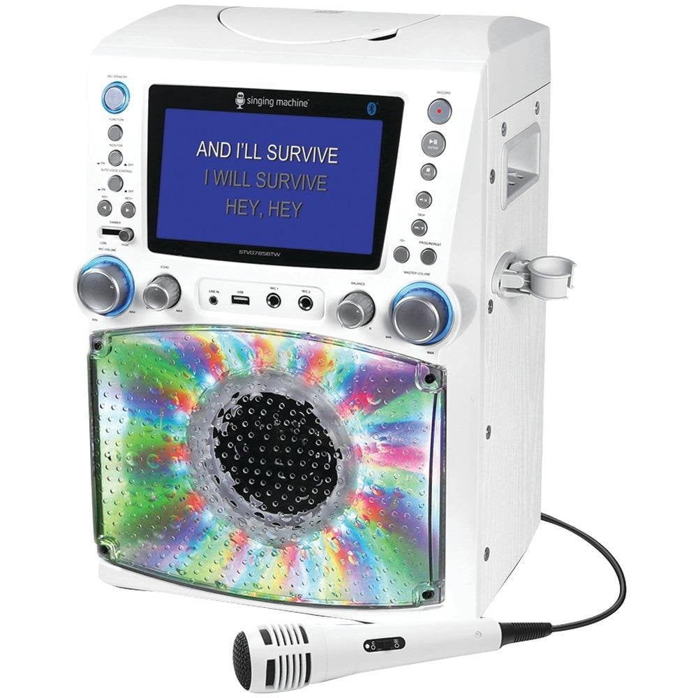 Singing Machine Stvg785Btw Bluetooth Karaoke Machine With Lcd Lyrics Monitor And Disco Lights, White