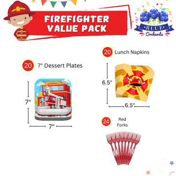 Blue Orchards Firefighter Value Party Supplies (64 Pieces For 20 Guests) - Fireman Party Plates And Napkin, Fire Truck Birthday, Boy Birthday Party Decorations, Firefighter Theme Party