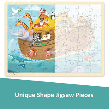 Moinkidz Wooden Noah'S Ark Puzzle For Kids Ages 3-5, 48 Piece Puzzles For Kids Ages 4-8 With Puzzle Tray, Religious Scene Christian Bible Wooden Jigsaw Puzzle For 3 4 5 6 7 8 Year Old