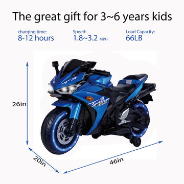 12V Kids Ride On Motorcycle,Electric Ride On Motorcycle With Training Wheels, Light Wheels, Manual Throttle,Led Lights, Music,Us