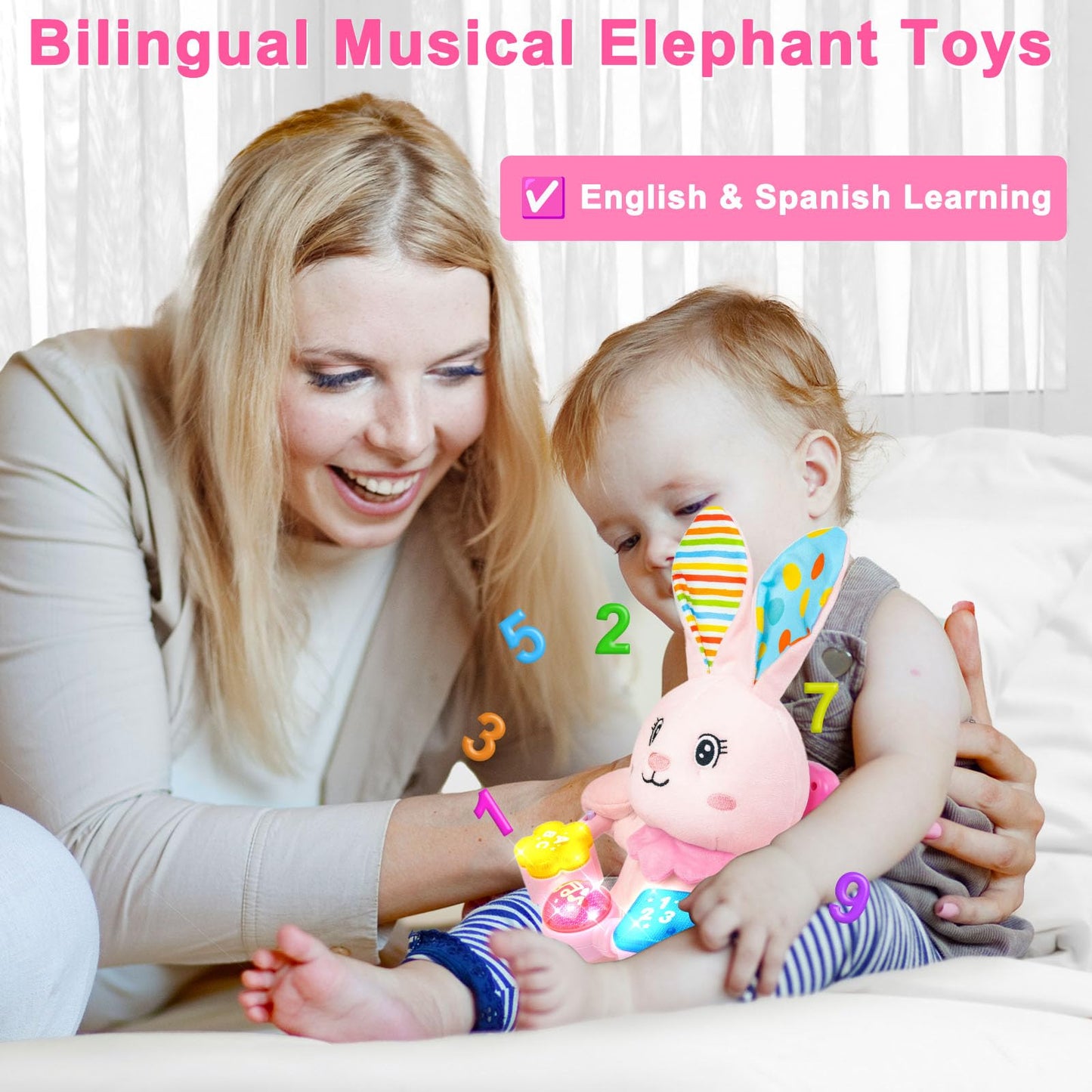 Baby Rabbit Musical Stuffed Animals Toy,Infant Bunny Bilingual Early Learning Education Toy With Light-Up Music & Crinkle,1St Ea