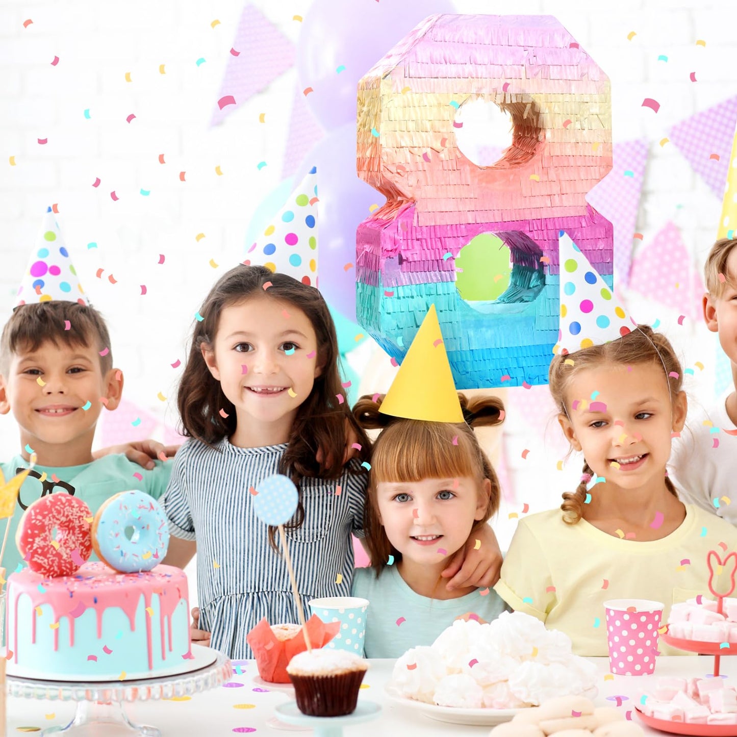 Jenaai 16 Inch Number Piata Kids Birthday Party Macaron Piata with Blindfold Stick and Confetti for Unicorn Birthday Wedding Bab