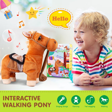 Brown Walking Pony Plush Interactive Pony Toy Singing Dancing Musical Realistic Pony Pet, Stuffed Animal Shaking Leash Horse Toy