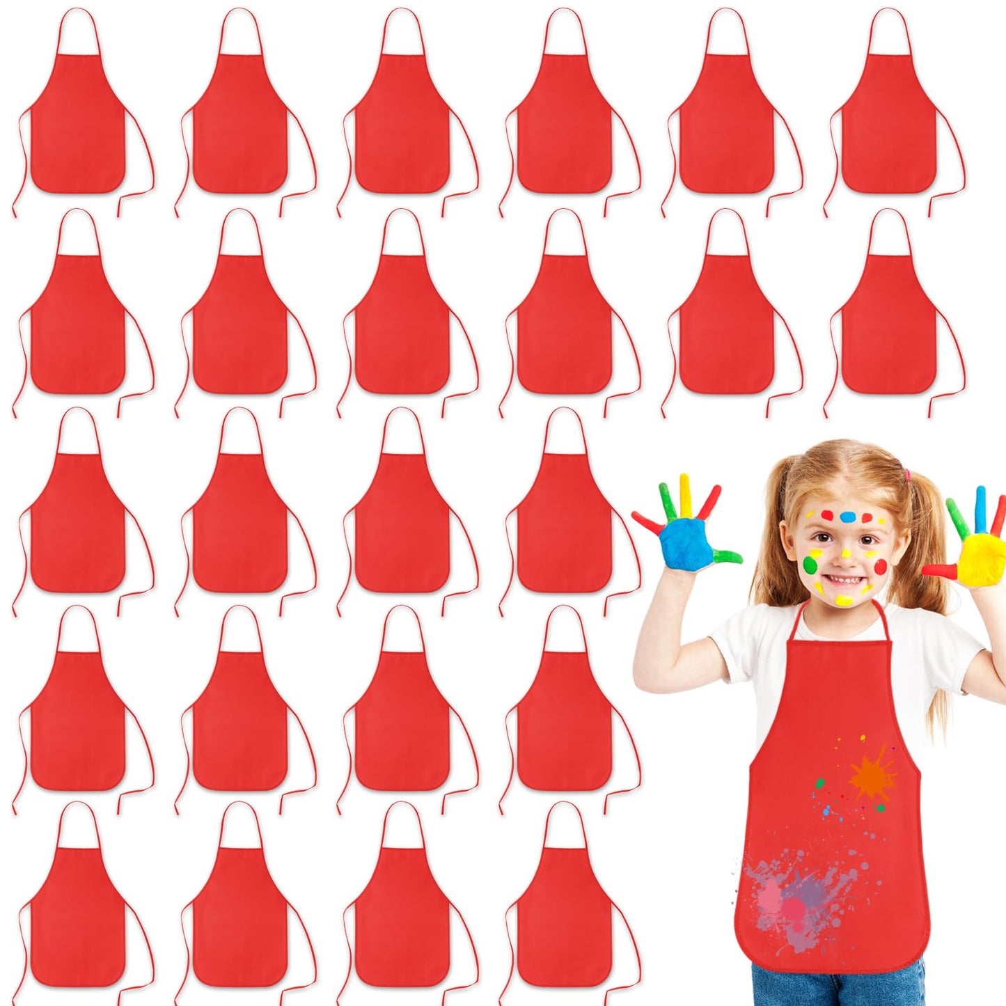 Kuuqa 24 Pack Kids Art Aprons Bulk Red Children Painting Aprons Art Smocks For Craft Kitchen Classroom Painting Party Supplies
