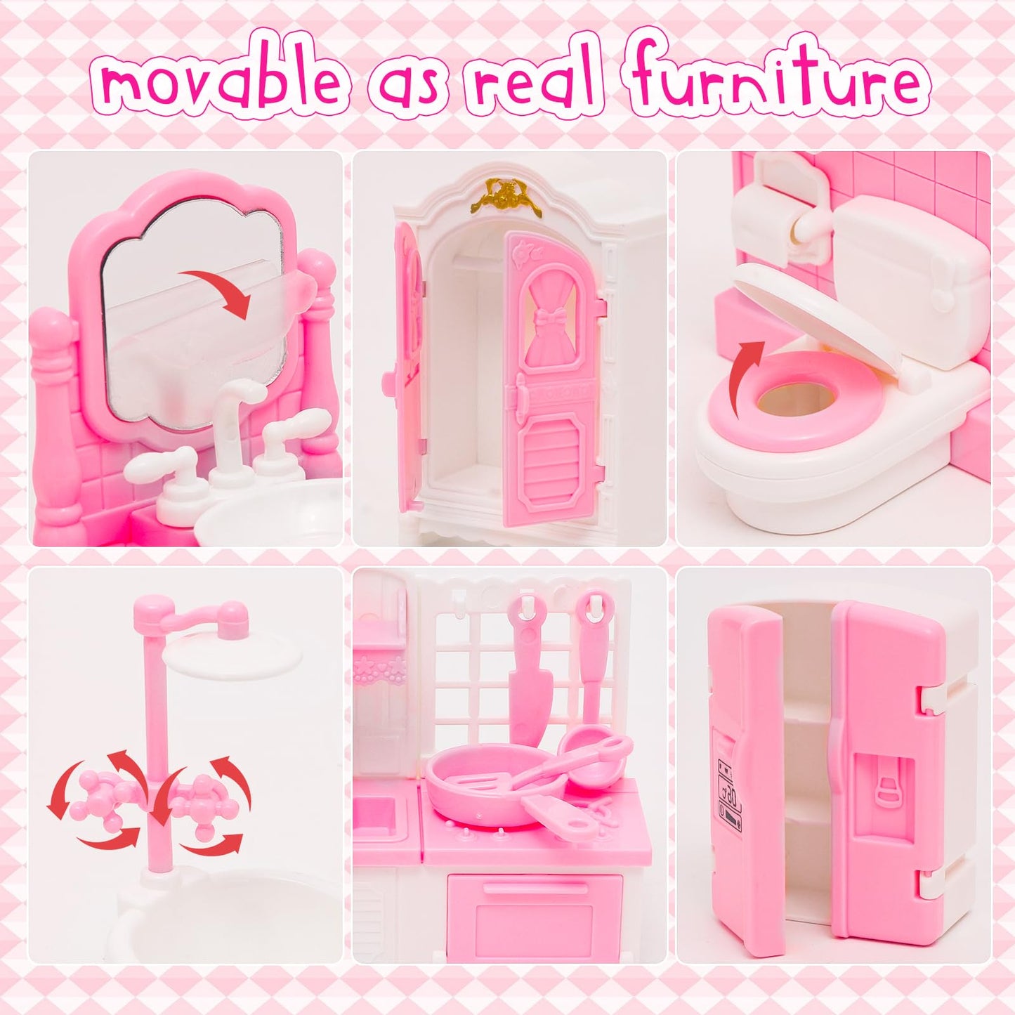 Hapgfs 45 Pcs Dollhouse Furniture Set Accessories Doll House Mini Furniture Pretend Play Bedroom Living Room Bathroom Kitchen Fo