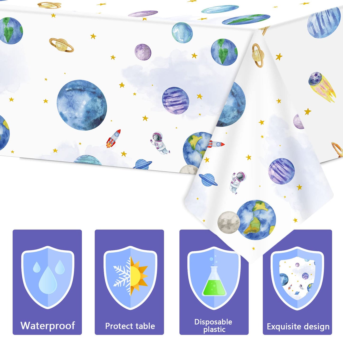 ZOIIWA 3 Piece First Trip Around The Sun Birthday Tablecloth 1st Space Birthday Plastic Disposable Outer Space Table Cover Solar