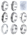 Mucal Fidget Rings For Anxiety 8Pcs Stainless Steel Spinner Ring Anti Spinning Moon Star Cool Stress Relieveing Women Men, Silver, 9