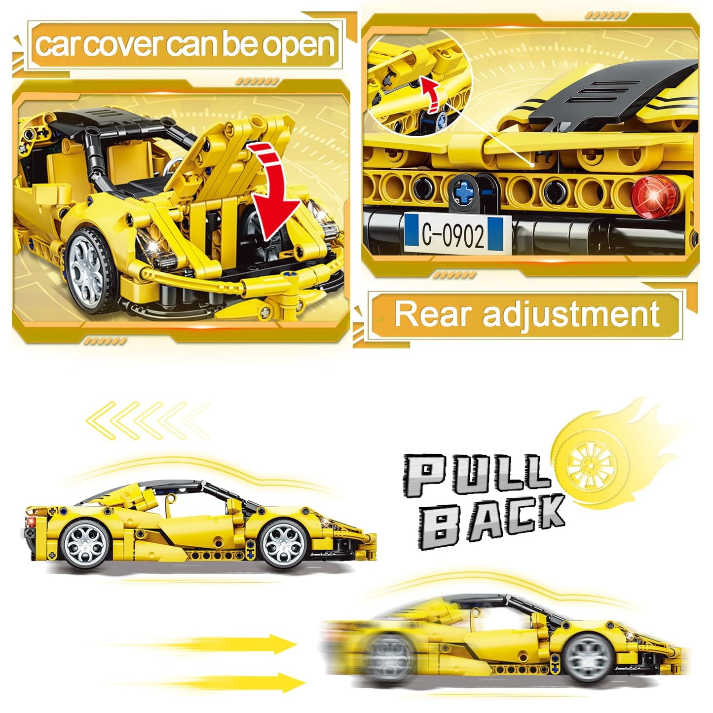 SIENON Technic Super Sports Car Building Kit Pull Back Race Car Toy, Racing Vehicle Collectible Model Supercar Building Set, Spo
