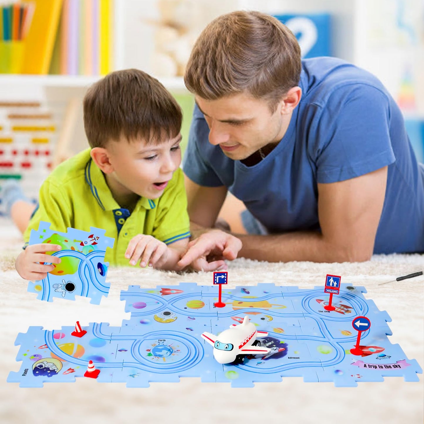 Xazastov Puzzle Track Car Play Set, Plastic Floor Puzzles For Kids Ages 3-5 With Vehicles, Electric Trolley Puzzle, Toys Gifts F