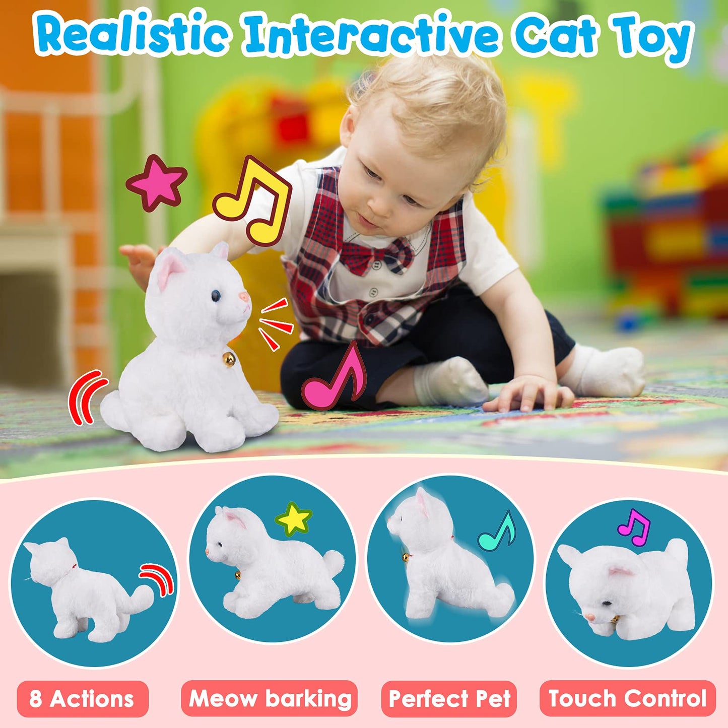 Hcdoujoy White Plush Robot Cat Stuffed Animal Interactive Cat Robot Toy, Robotic Cat Barking Meow Kitten Touch Control, Animated Kitty Cat Pet, Robot Kitty Toy For Baby Birthday H:12'