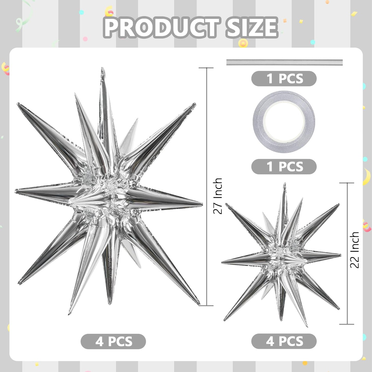 Toniful 8 Pcs Silver Star Foil Balloons Large Star Balloons Silver Explosion Star Mylar Balloons For Party Backdrop Christmas Ne