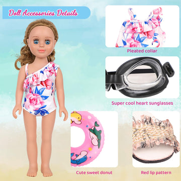 Msyo Doll Swimsuit Set For 18-Inch Doll, 7 Pcs Doll Swimming Accessories, 18-Inch Doll Bathing Suit Set, Fashion Doll Water Play