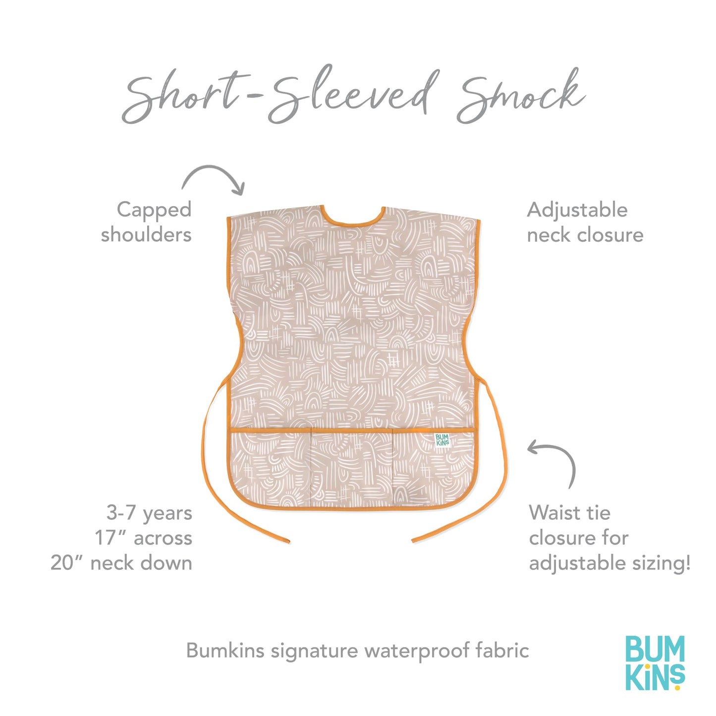Bumkins Toddler Smock Bib - Reusable Waterproof Arts & Crafts Apron, Soft Polyester, Boho Beige, Ages 3-7, Model UA-132