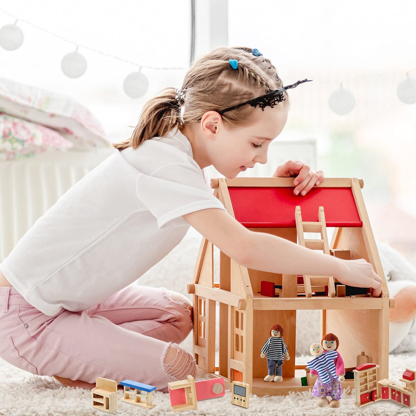 Sumind 35 Pcs Wooden Doll House Furniture And Accessories Set With 27 Pcs Dollhouse Furniture 8 Pcs Doll House Family Figures For Dollhouse Family Set