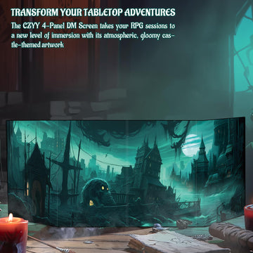 Czyy Dm Screen 4-Panel Cardboard Game Master Screen With Erasable & Clear Pockets, Gloomy Castle Artwork Game Master Shield Tool For Dungeon Master And Rpg Player (Style B)