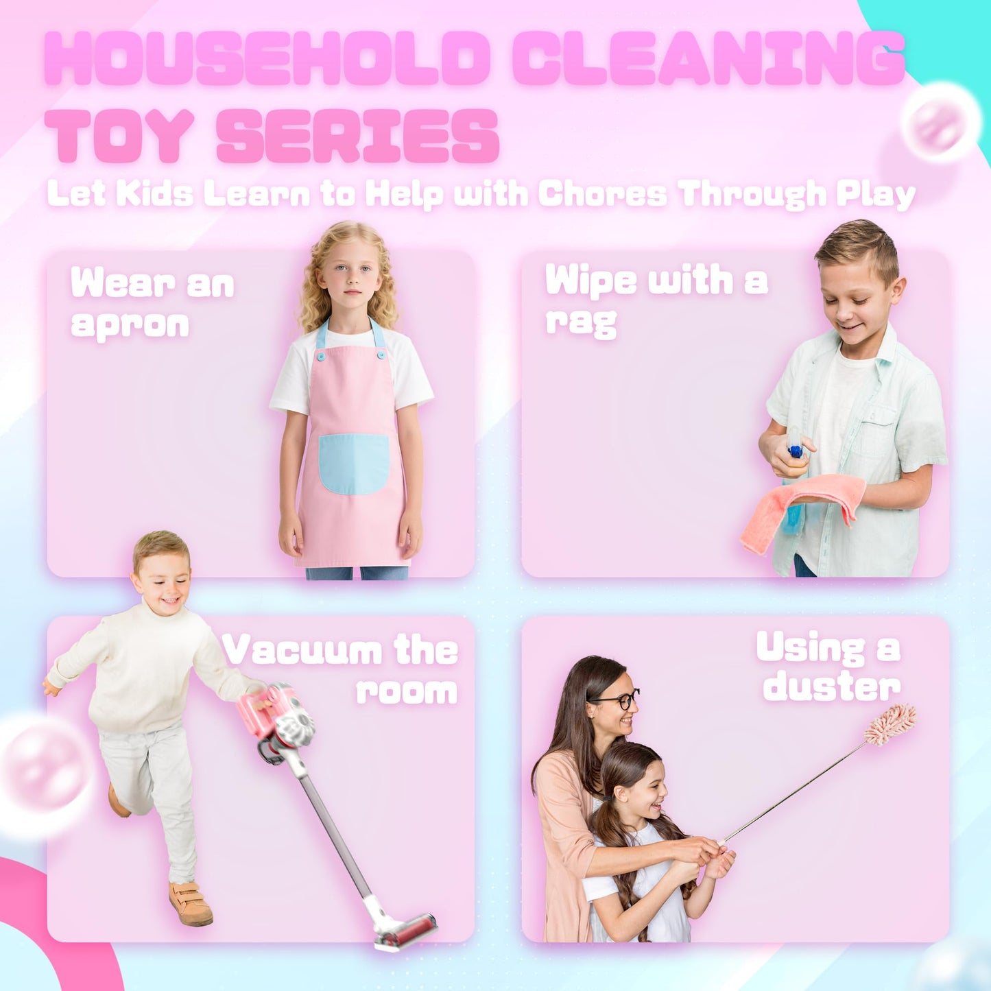SMILESSKIDDO 3-in-1 Kids Vacuum That Really Works - Toy Vacuum Includes 3 Nozzles, Apron, Cleaning Cloth, Duster & Colorful Bead