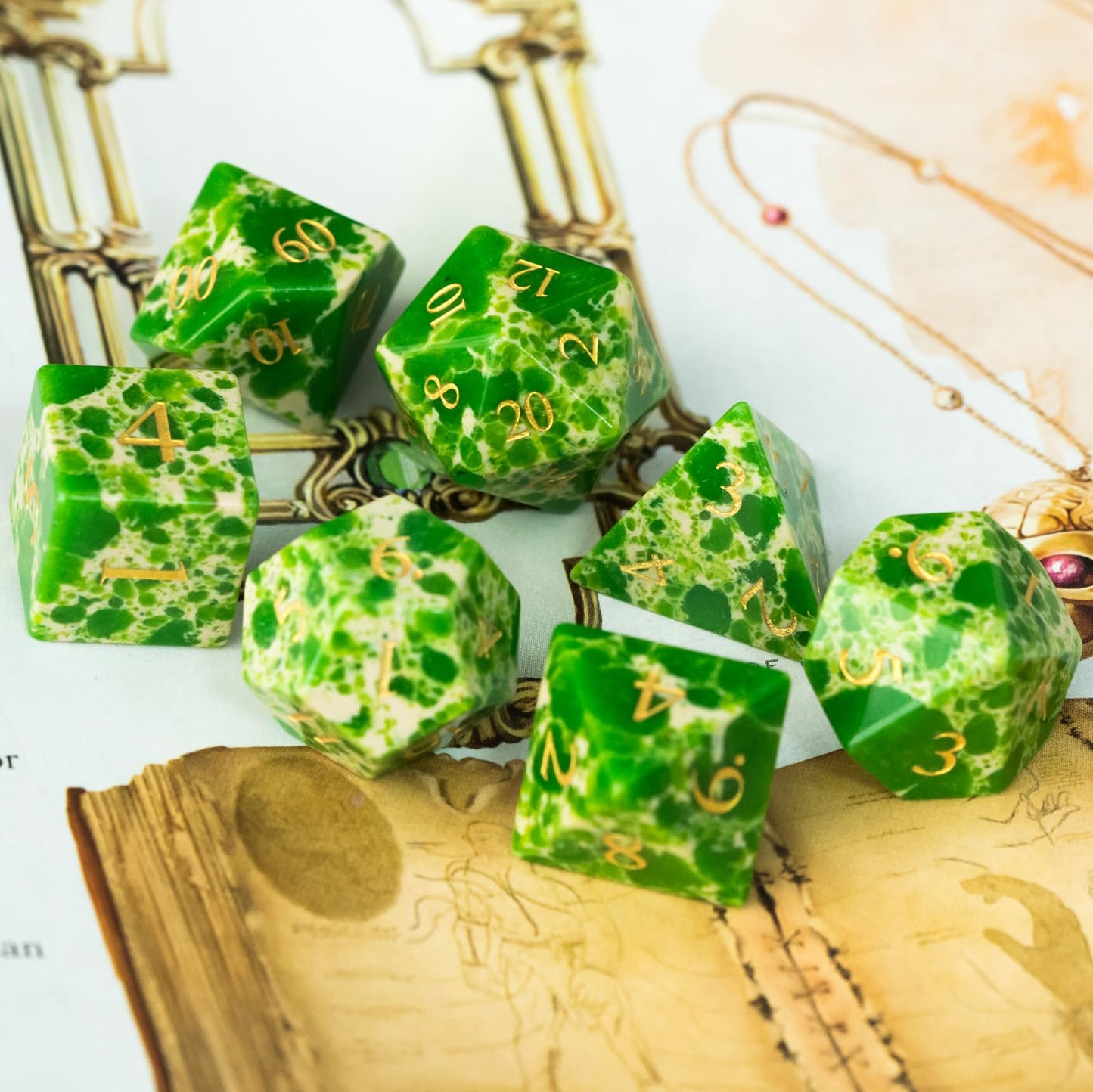 UDIXI Green with White Gemstone Dice Set D&D 7PCS Stone DND Dice Polyhedral Dice Set for Dungeons and Dragons Role Playing Games