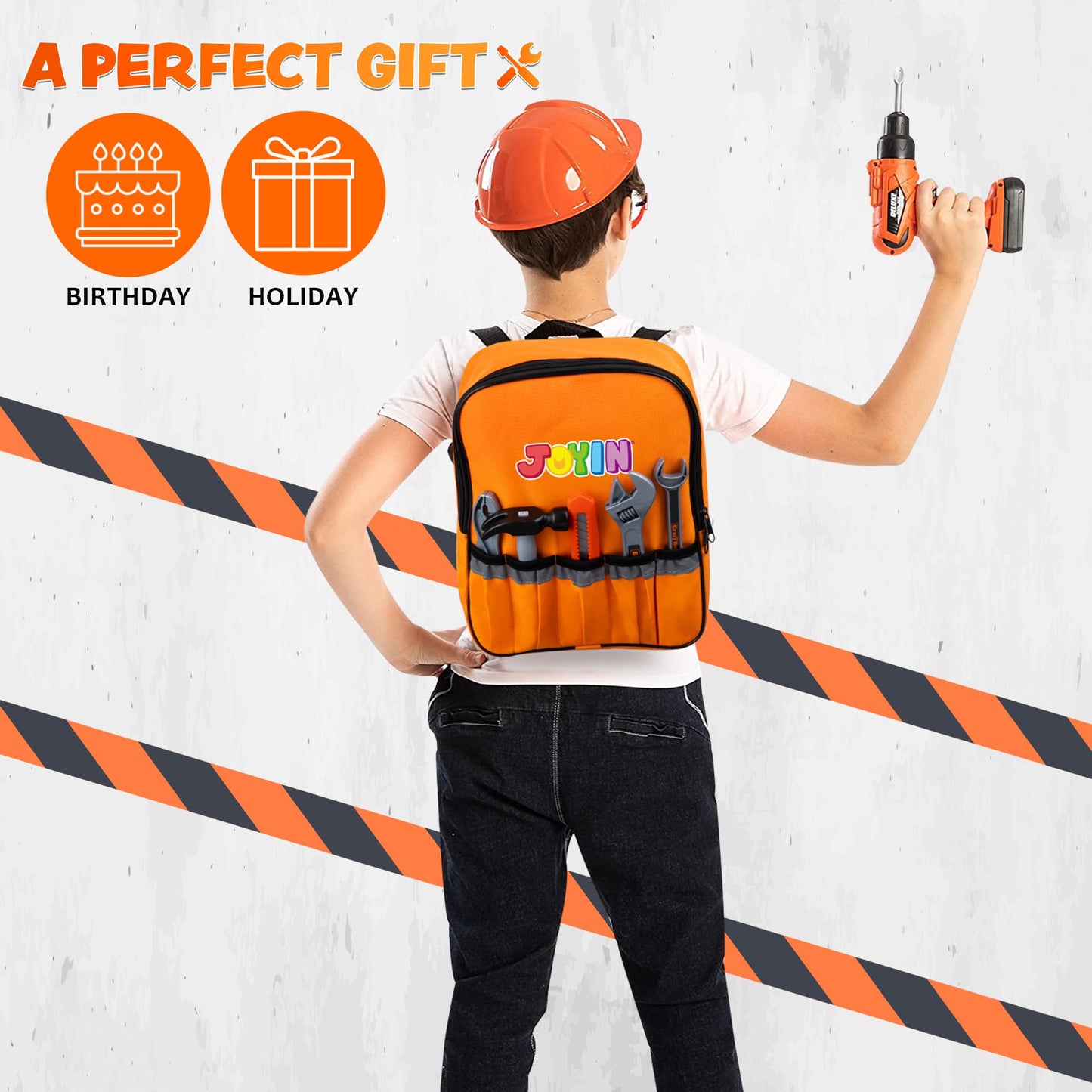 JOYIN 32PCS Kids Tool Set, Pretend Play Toddler Tool Toys with Construction Backpack Costume & Electronic Toy Drill for Boy Girl