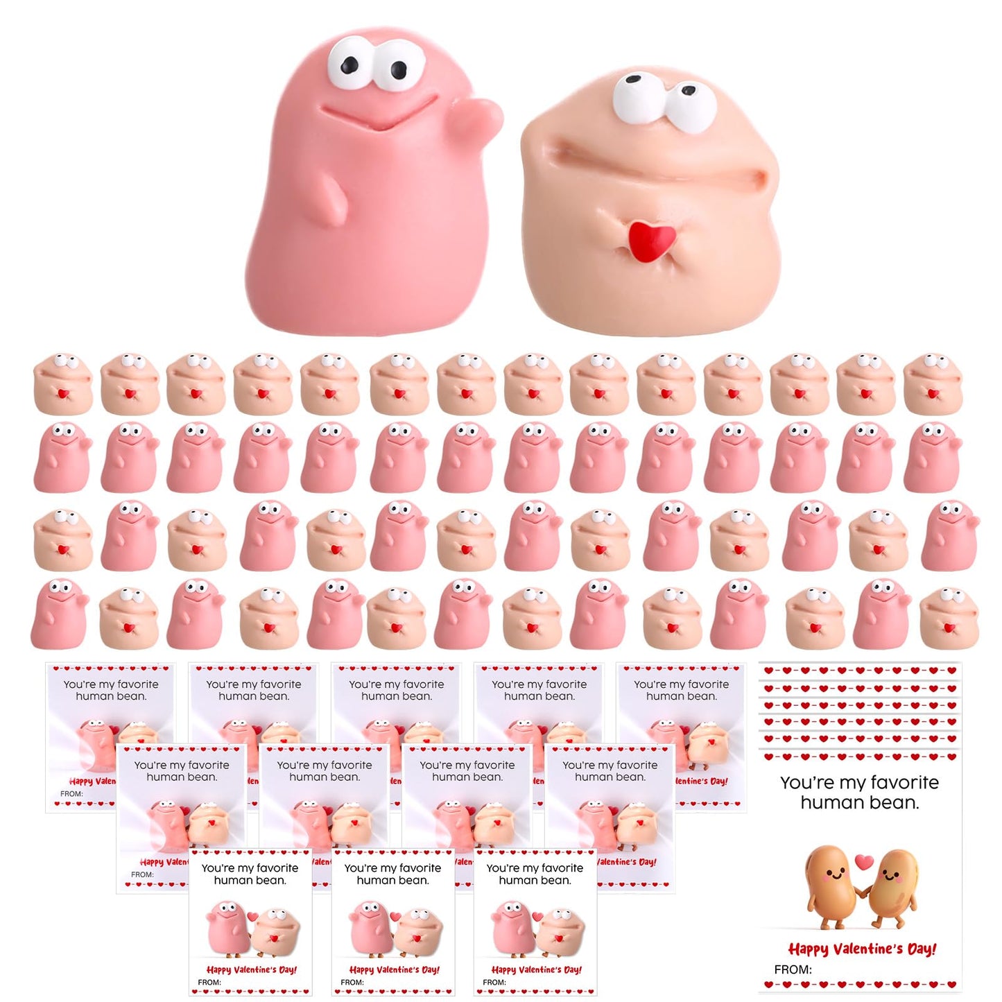 AceOrbit 24 Sets Valentines Day Resin Bean Gifts for Coworker Funny Mini Resin Beans with Valentines Day Cards Exchange Gifts Pu