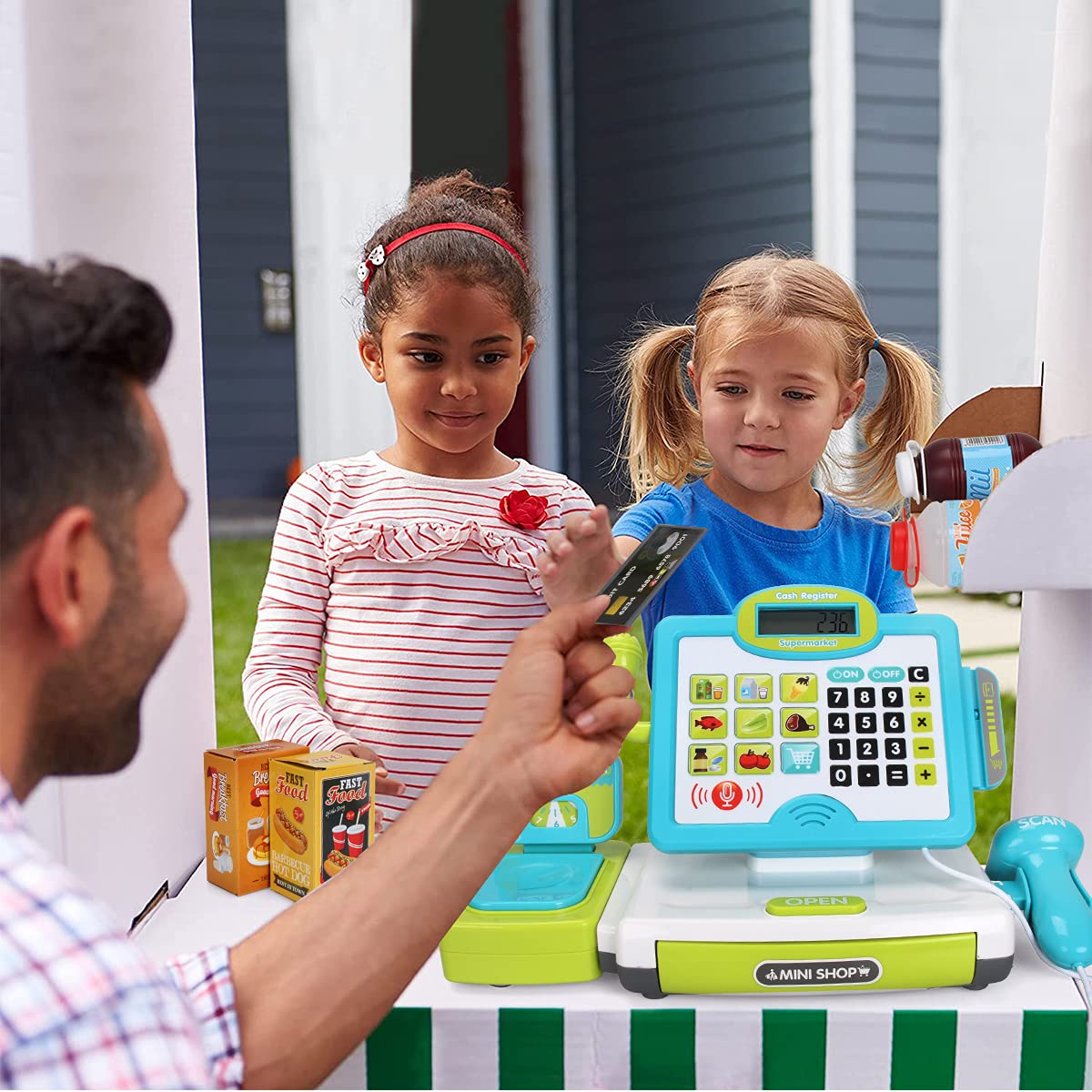 Fs Pretend Play Calculator Cash Register Toy As Preschool Gift For Kids, Classic Count Toy With Sound, Microphone, Scanner, Pret