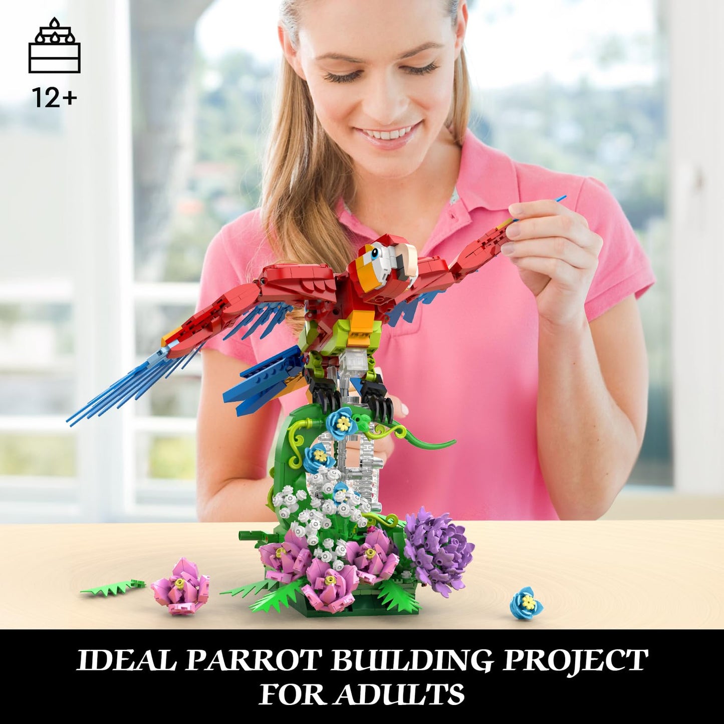 Vziimo Parrot Floral Building Set, 1176 PCS Plastic MOC Art Kit for Adults & Kids, 2-in-1 Collectible Bird Toy, Model YC010