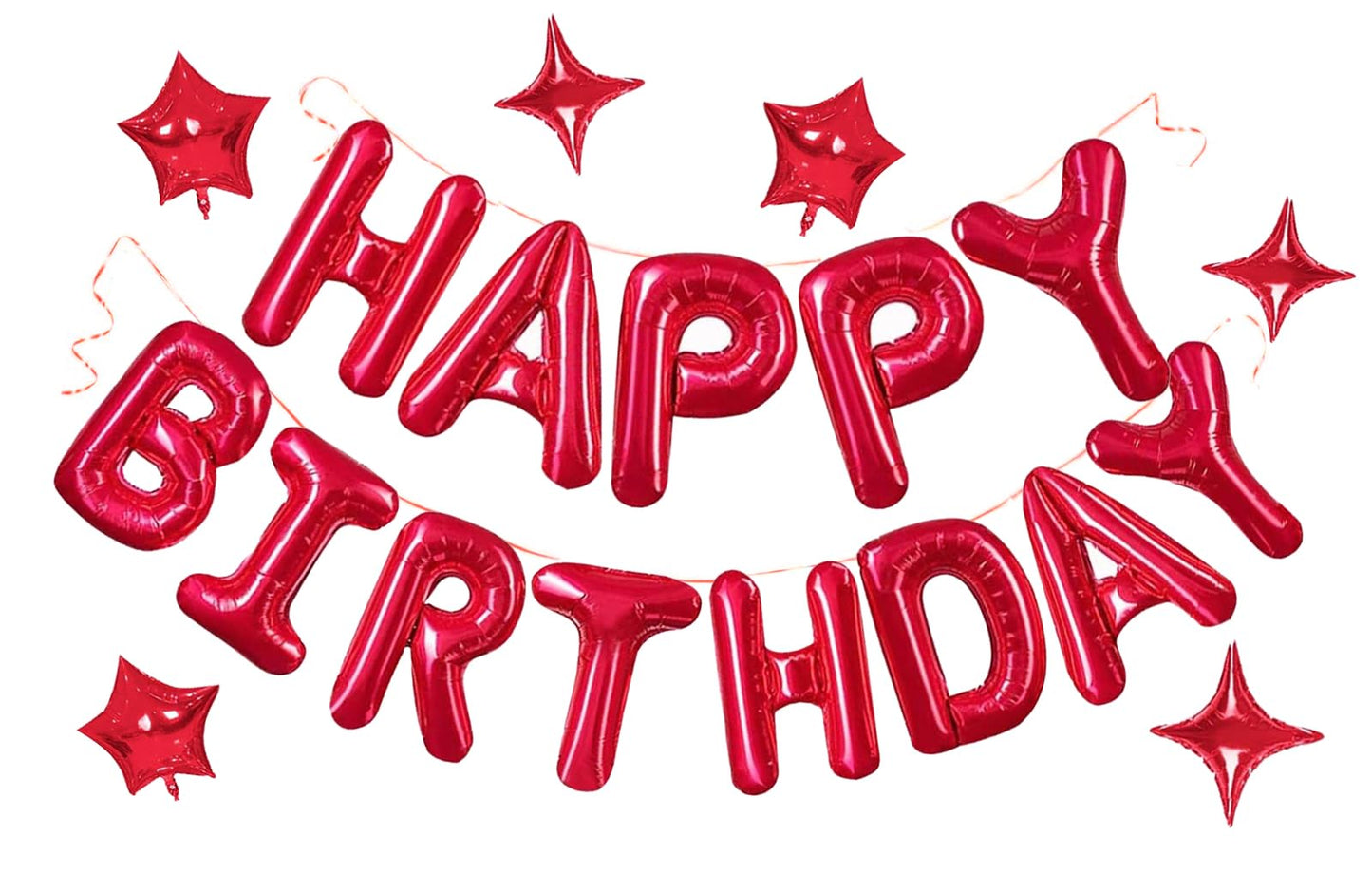 Red Happy Birthday Balloons Banner, 3D Mylar Foil Letter Birthday Balloons With 6Pcs Star Balloons, Birthday Party Decorations F