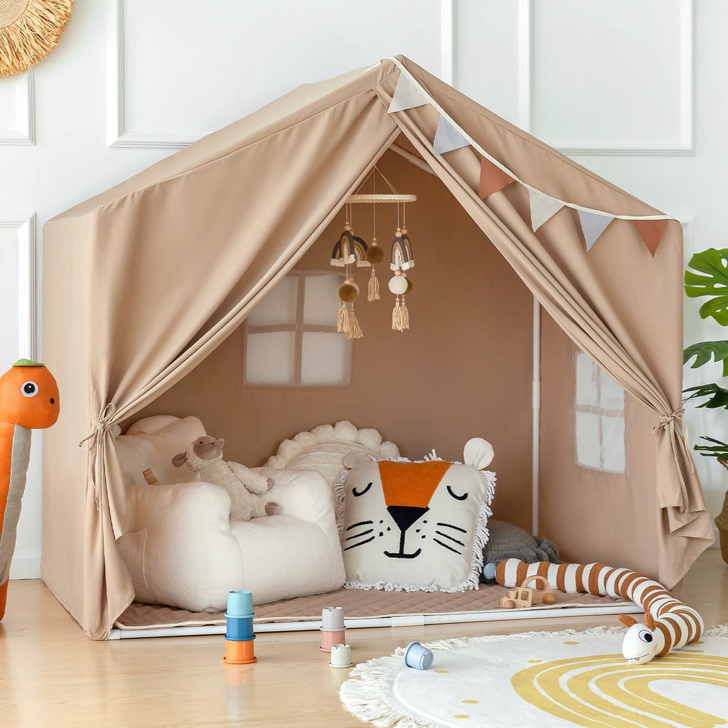 Razee Kids Play Tent With Mat, Large Playhouse Tent Indoor, Play House Kids Tent Castle Tent For Girls Boys, Play Cottage (Khaki)