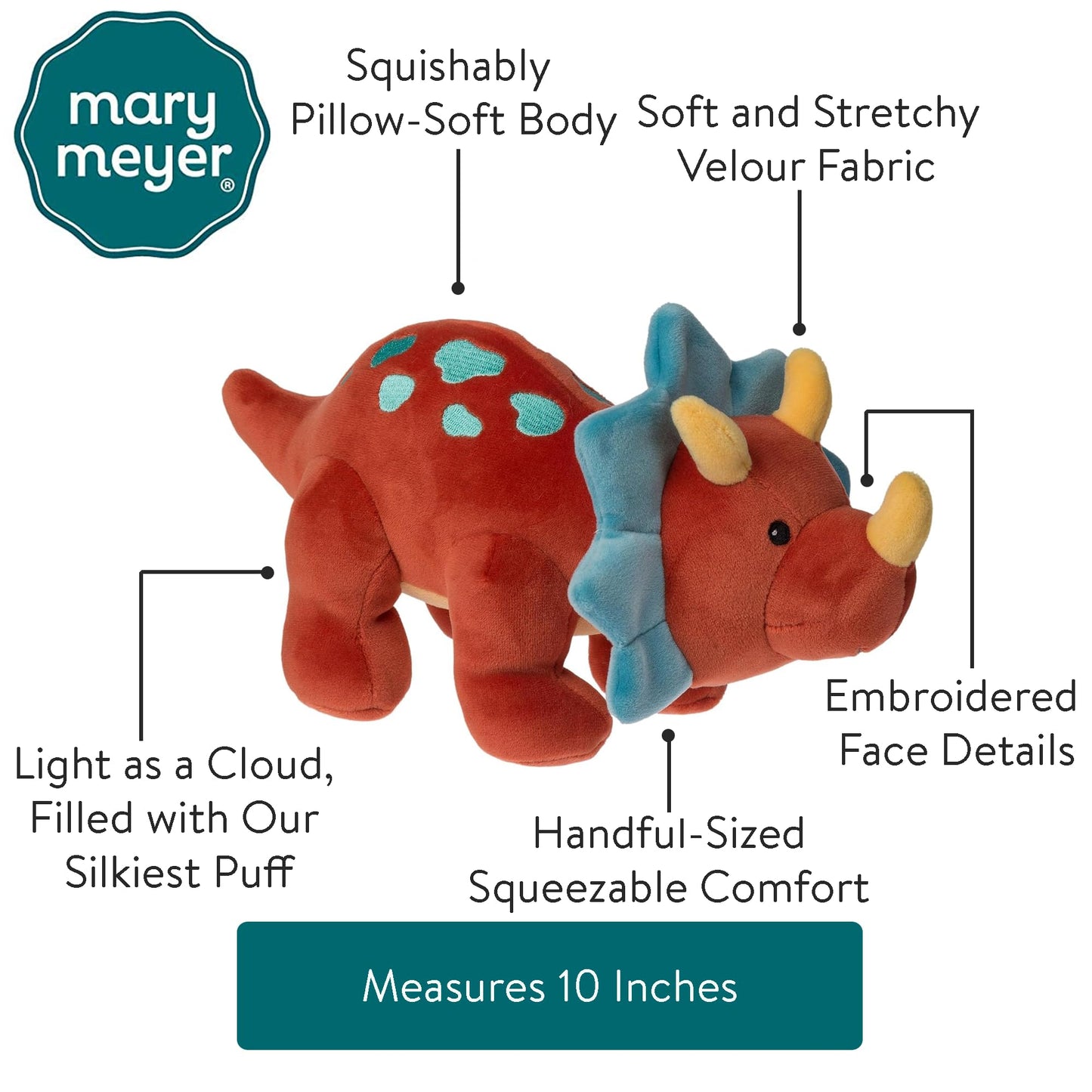 Mary Meyer 10-Inch Smootheez Red Triceratops Stuffed Animal Toy, Soft Polyester Material, Model 54402