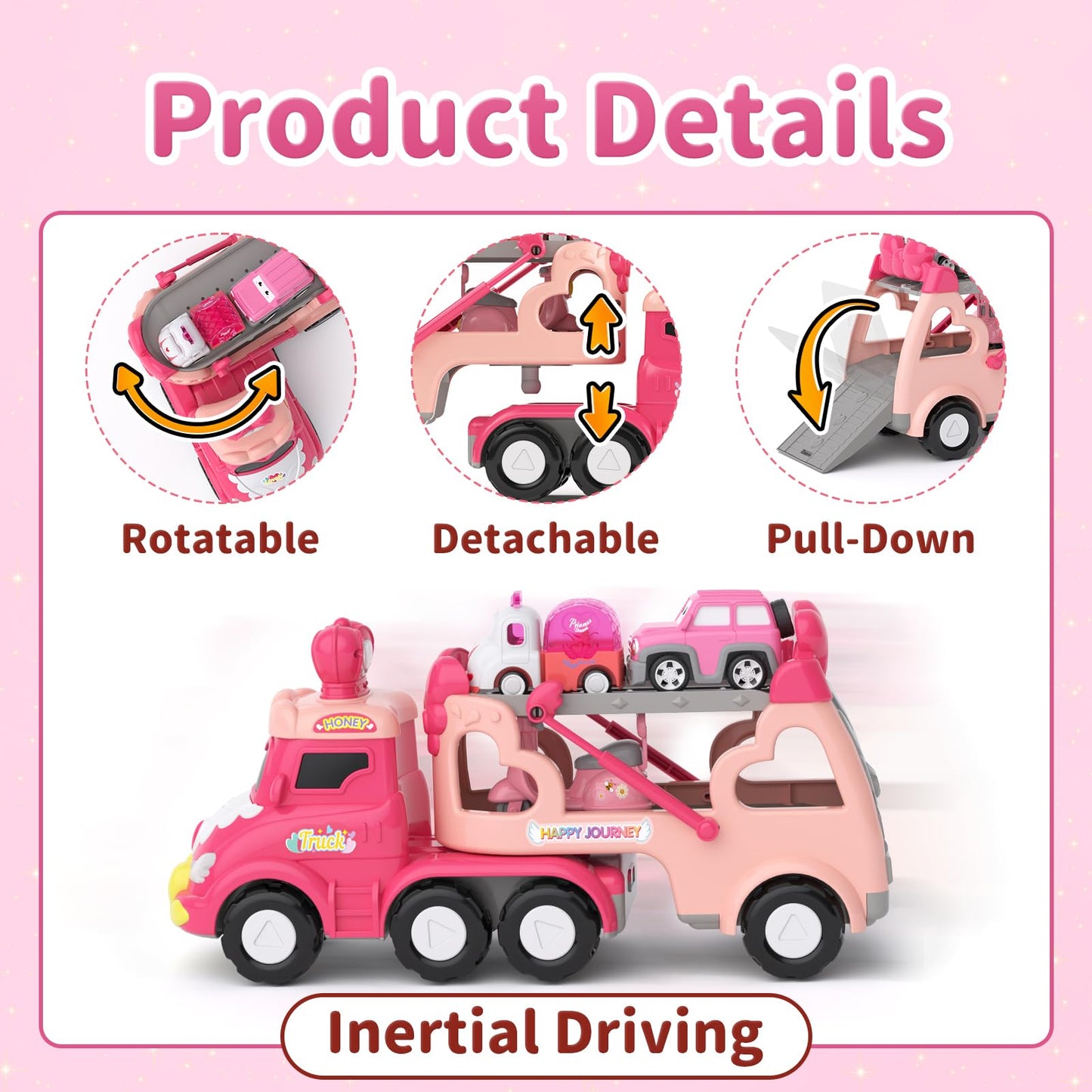 usrela Toys for 1 2 3 Year Old Girl Truck, 7-in-1 Toddler Girl Carrier Truck with Light & Music, Toddler Girl Toys Age 1-3 2-4,