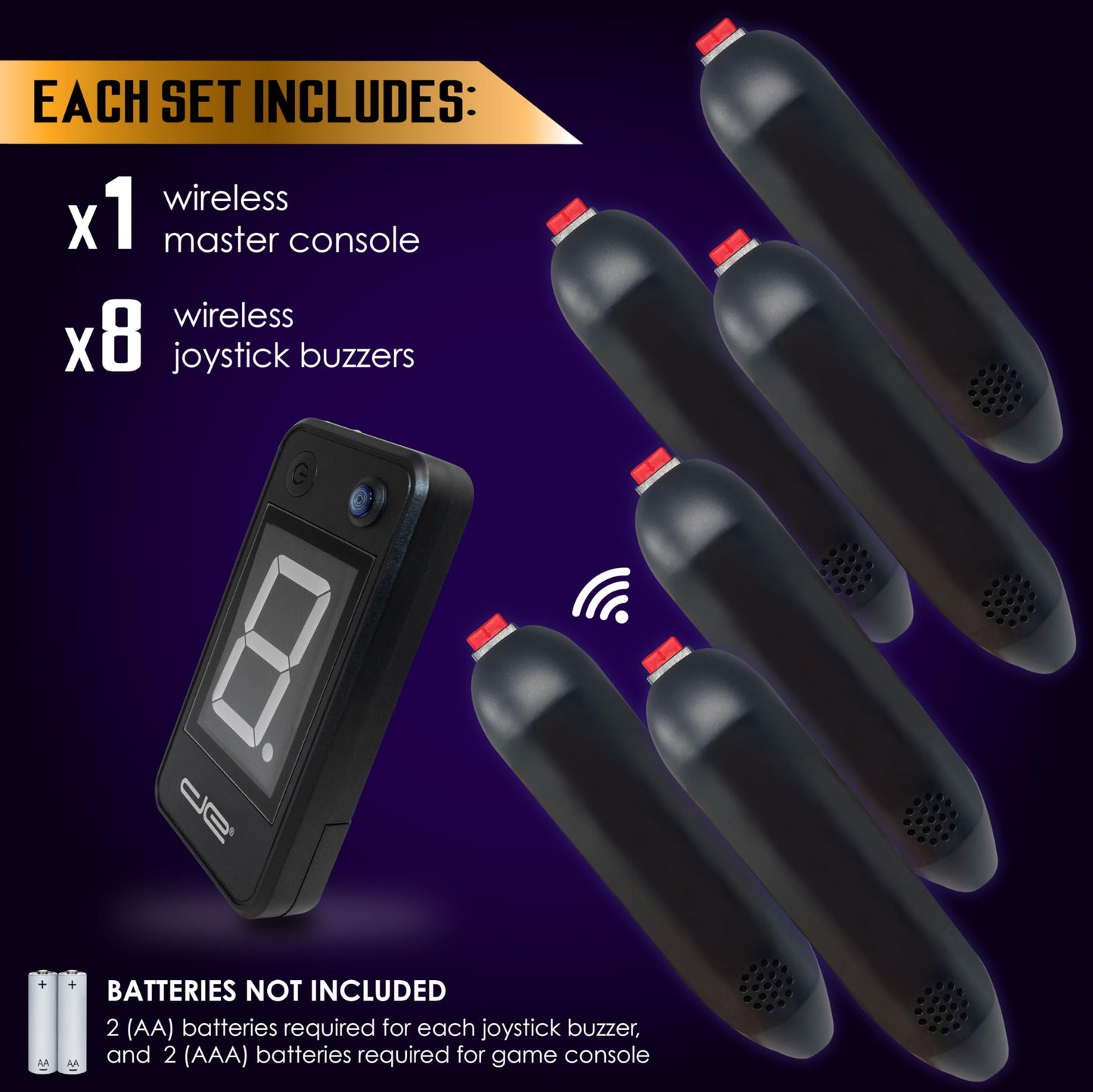 Digital Energy Wireless Handheld Game Buzzer System - Console Displays First Buzz-In - Great For Jeopardy, Family Feud, Trivia And Buzzer Games - 8 Joystick Buzzers