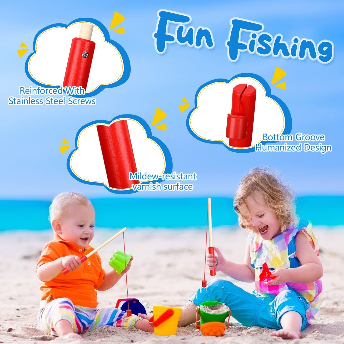 Sumind 6 Pcs Magnetic Fishing Pole Wooden Magnetic Fishing Rods With Magnet Hooks Christmas Fishing Game Toy Gifts For Birthday Party(Red,Column)