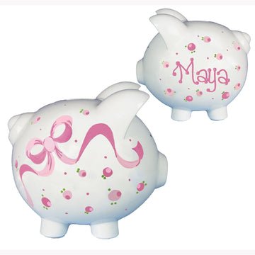My Bambino Girl'S Hand Painted Personalized Pink Ladybug Piggy Bank Large White Ceramic Piggybank Baby Gift (Pink Bow)